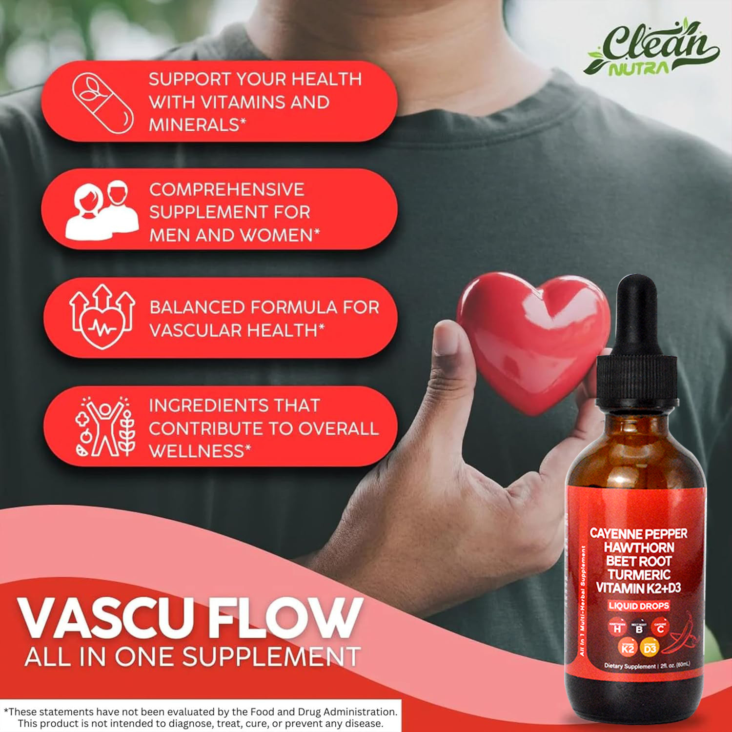 Vitamin D3 K2 Drop - 60 ml flüssige Cayenne-Pfeffertropfen, Bio-Weißdorn, Rübenwurzel,